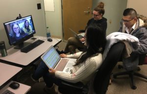 Wendy Jie Gao, Lindsey Macdonald, and Terrence Zhaozhe Wang videoconference with Shelley Staples and Adriana Picoral.