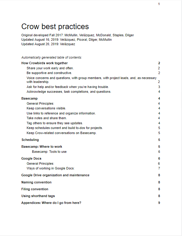 Table of contents of the updated document detailing Crow best practices.