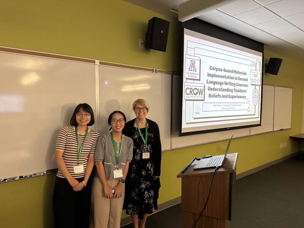 Anh Dang, Hui Wang, Shelley Staples, and their presentation at AACL 2024.