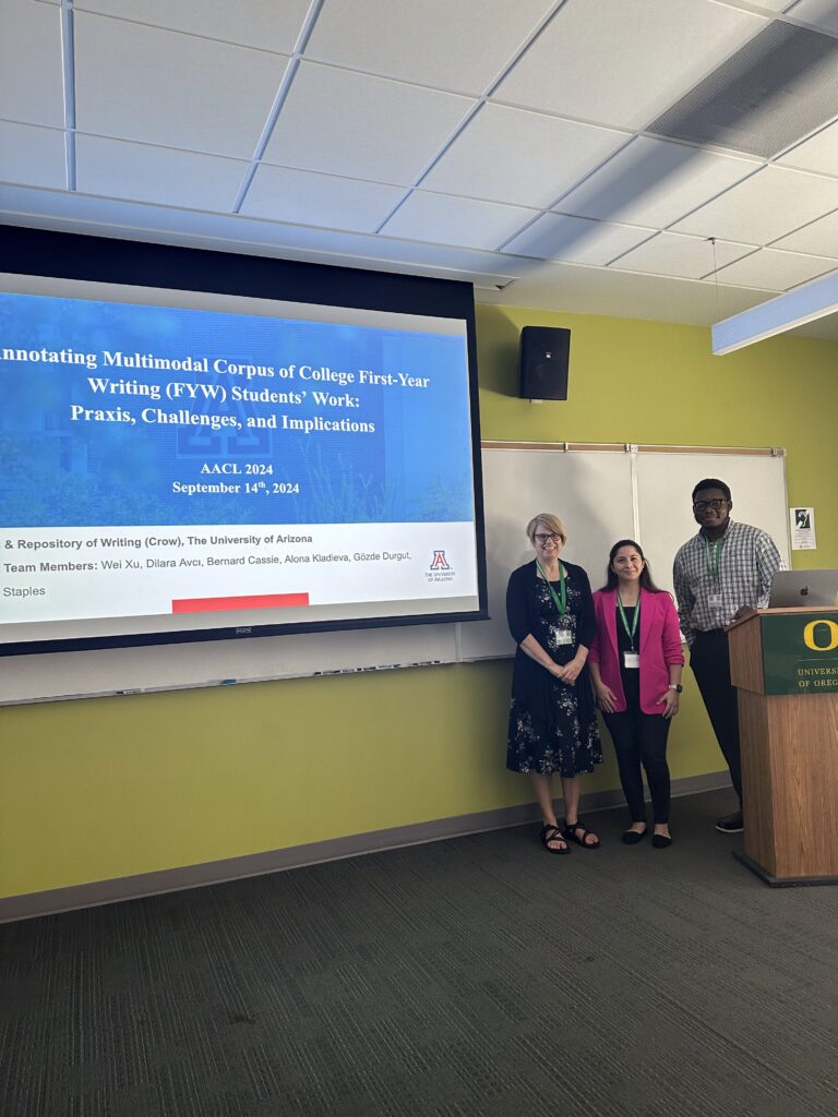 Shelley Staples, Dilara Avci, and Bernard Cassie present their research at AACL 2024.