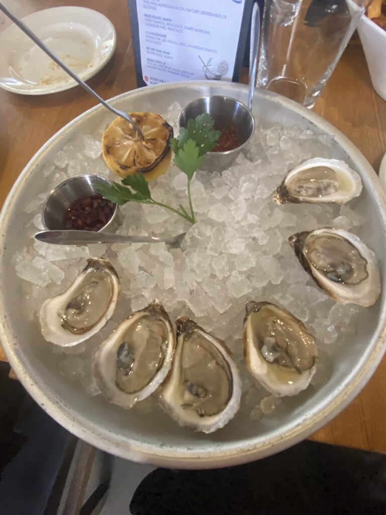 A silver bowl filled to the brim with ice holds six shiny oysters, accompanied by a lemon, a green garnish, and two sauces.