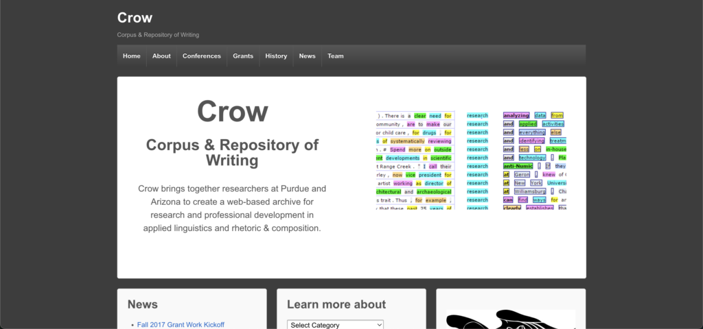 Screenshot of the original Crow website homepage, showing the minimalist high contrast design alongside an example of the corpus, which depicts how the word “research” is used in certain sentence contexts via various color-highlighted words.