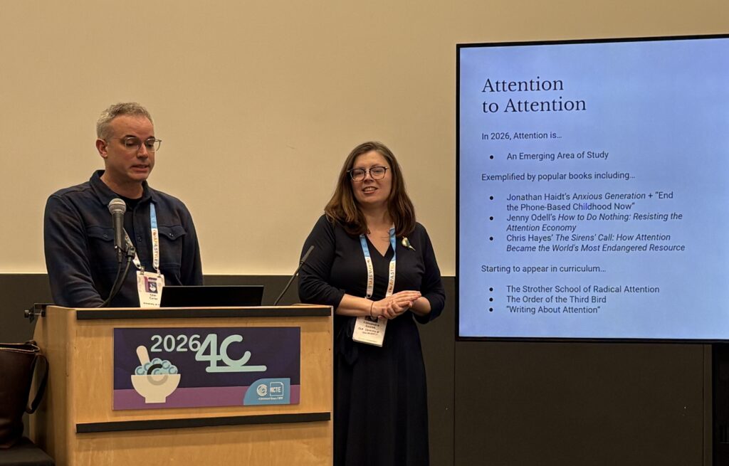 Both presenters, slide deck at left, with Carter speaking.