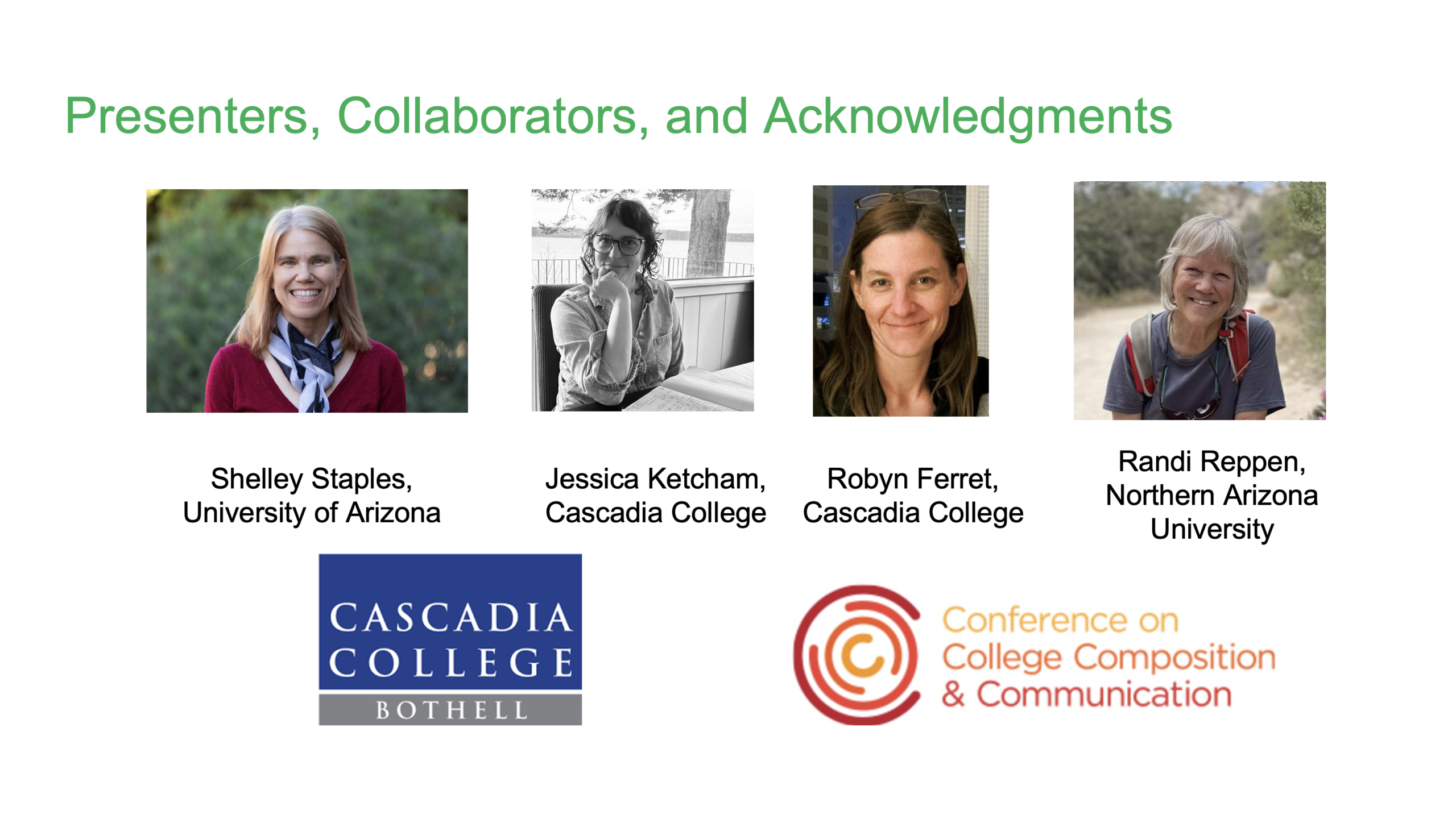 Slide showing headshots of all presenters, and Cascadia College and CCCC logos.